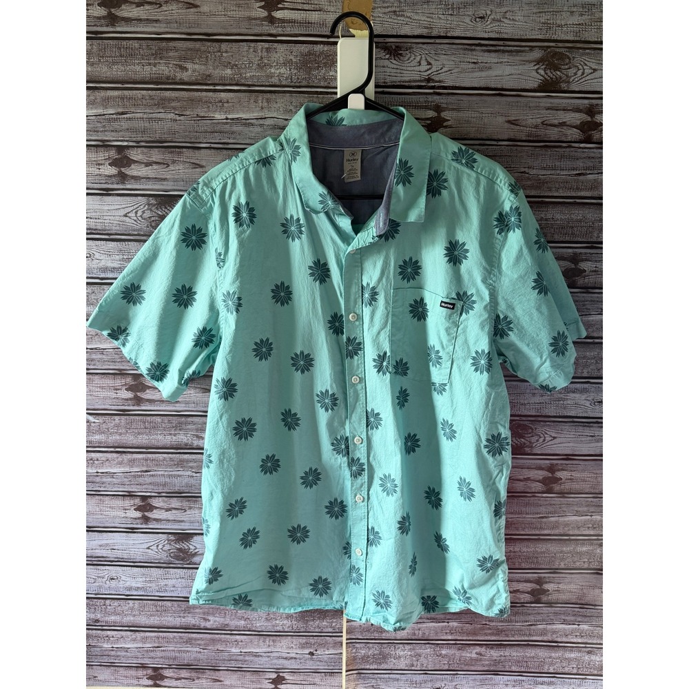 Hurley Men's Short-Sleeved Button-Down Shirt Size XL Mint Star Burst Logo